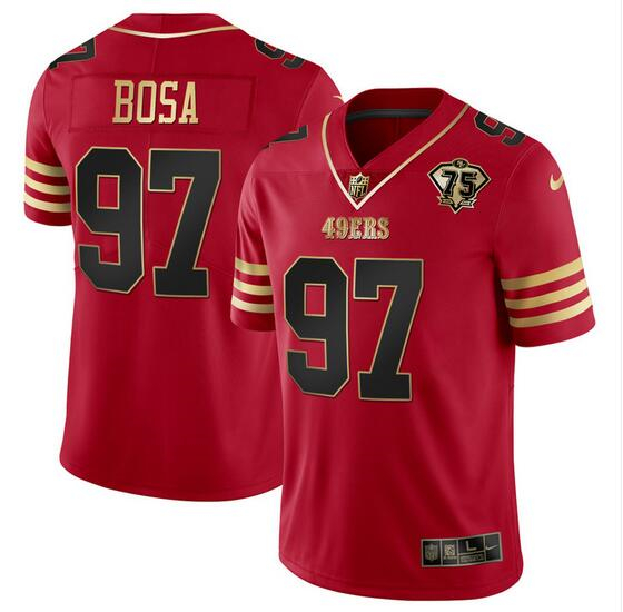 Men's San Francisco 49ers #97 Nick Bosa Red Gold With 75th Anniversary Patch Football Stitched Jersey